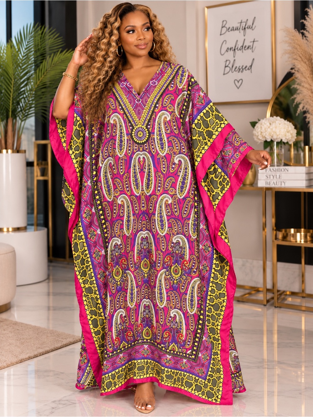 Vibrant Fuchsia Paisley Maxi Kaftan Cover-Up